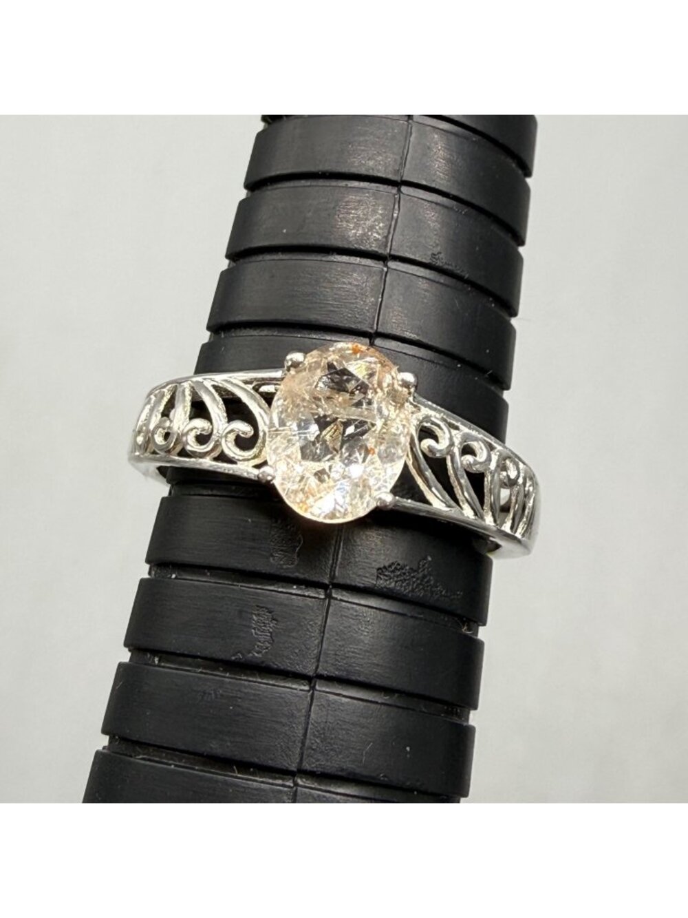 Sterling Silver Filigree Ring With Oval-Cut Clear Gemstone Elegant Scroll Design